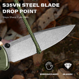 3.2" S35VN Drop Point EDC Folding Knife with Olive Green G10 Handle