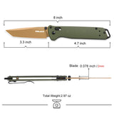 RBLACK S35VN tanto folding knife 3.3 inch blade length measurement detail. A folding knife shown with dimension annotations: the open blade and handle are labeled 8 inch total, with blade sections 3.3 inch and 4.