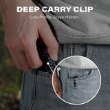 Person using a RBLACK UltraFlight S35VN EDC Folding Knife feature deep carry clip to conceal an item in their pocket with text 'DEEP CARRY CLIP Low Profile. Stays Hidden.'