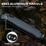 RBLACK UltraFlight S35VN EDC Folding Knife handle with 6063 aluminum and ceramic ball bearing features on a natural background.