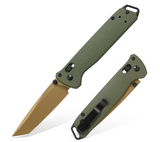 Folding knife with green handle and brown blade on a white background RBLACK S35VN Tanto folding knife blue G10 handle closed pocket clip view