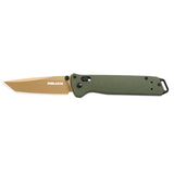Folding knife with gold blade and green handle on a white background