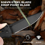 Folding knife with S35VN steel blade held by a hand against a natural background.